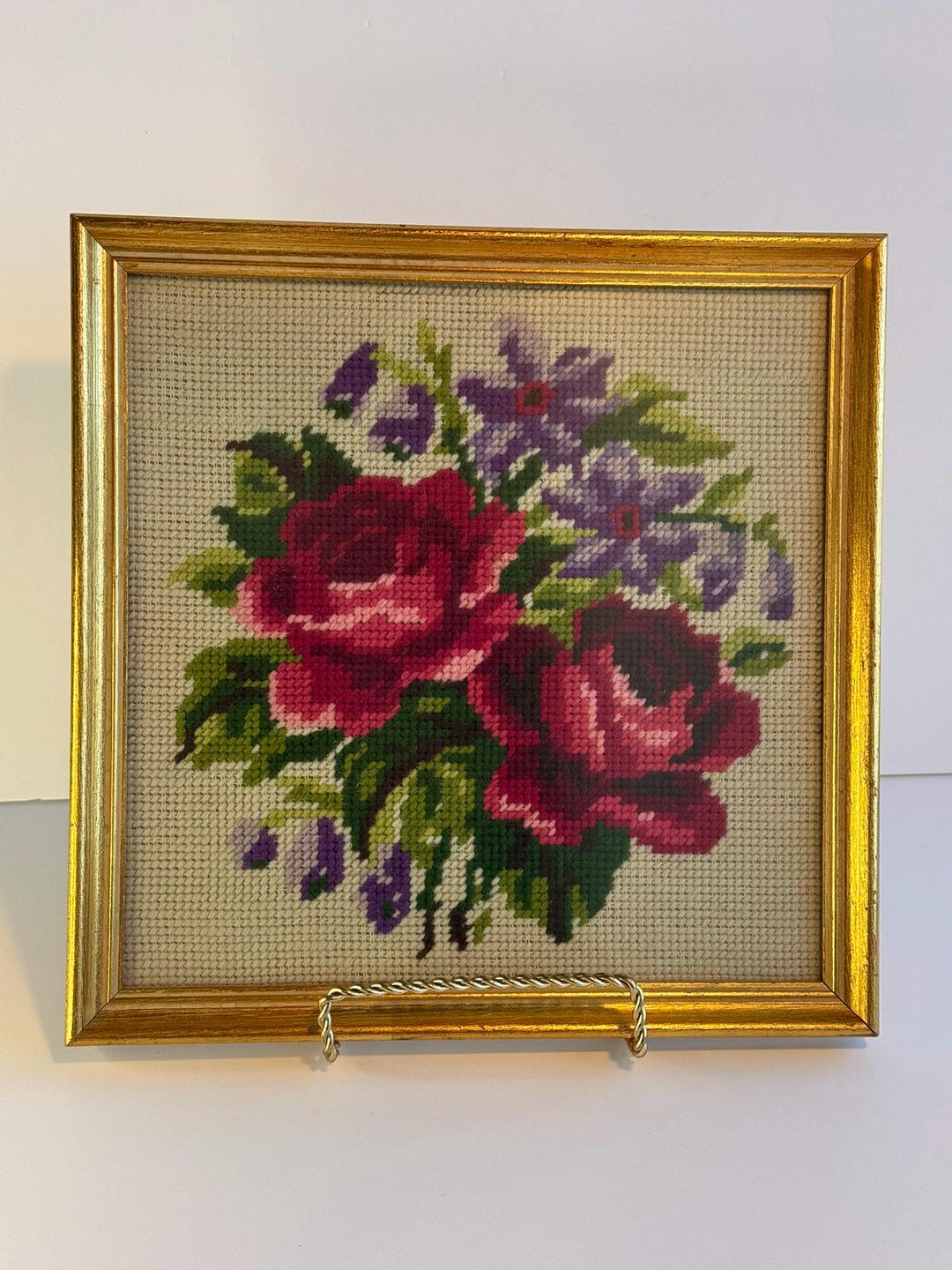 Framed Rose Needlepoint: Victorian Floral Embroidery in Gold Frame - Etsy