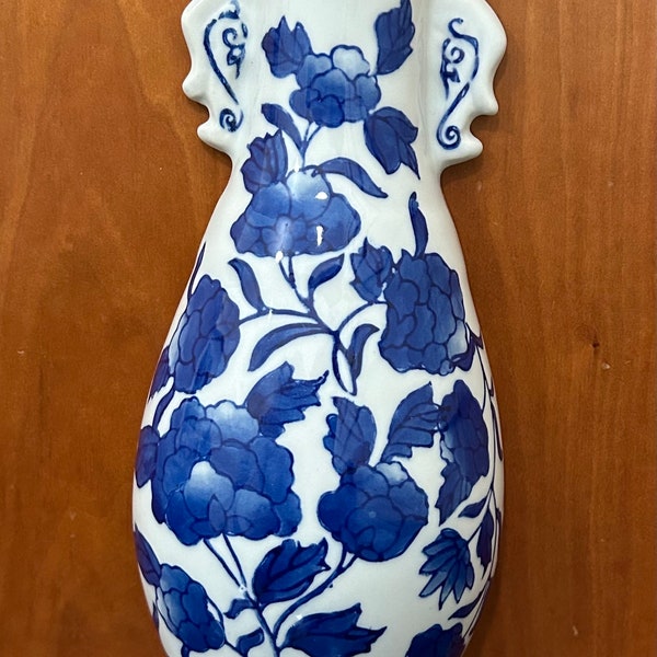 Wall Pocket Vase Blue and White Porcelain Vintage Farmhouse Decor Vintage Decor