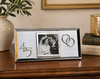 Vintage 45th Jubiläum Silber Ton Fotorahmen, Hochzeitstag Andenken, Rahmen ineinander verschlungene Ringe, 2x2 Foto Öffnung