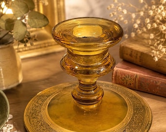Vintage Kerzenständer aus Braunglas mit geätztem Blumenfuß, Mid Century-Kerzenhalter Retro Home Decor
