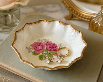 Vintage Queen Anne Bone China Trinket Dish | Lady Alexander Rose Pattern | England Floral Gold Rim Bowl