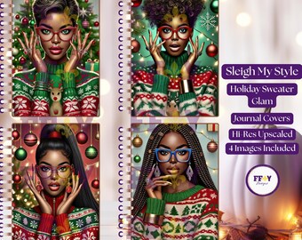 Black Women in Festive Ugly Christmas Sweaters | Holiday Journal Covers | Black Girl Magic| Holiday Glam | Instant Download AI Art