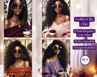 Black Women in Fall Fashion with Coffee & Sunglasses  | Cozy Sweaters and Coffee Vibes | Stylish Black Women | Coffee Art | AI Art Download