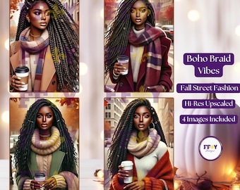 Fall Fashion Art Prints | African American Women with Boho Braid | Cozy Autumn Home Decor | Instant Digital Download I Seasonal Fall Art