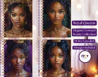 Regal Black Queens Art | Elegant Crowned Women | Printable Holiday Cards & Gifts | Black Girl Magic | Journal Cover| Instant Download AI Art