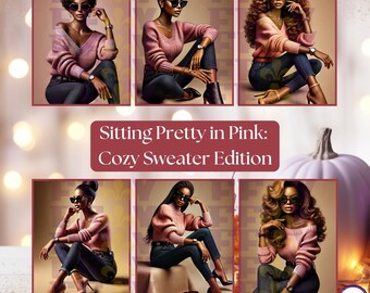 Sitting Pretty in Pink AI Art | Cozy Sweater Fashion Images | Art For Fall Cards, Gifts & Decor | Autumn Fashion I Instant Download AI Art