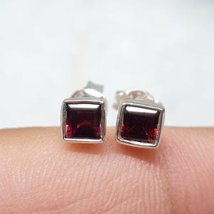 Princes Cut Natural Red Garnet Stud Earrings | Genuine Gemstone Studs | January Birthstone Jewelry | Dainty Garnet Earrings Gift for Her