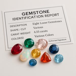 Può includere: Una collezione di otto gemme sciolte di varie forme e colori, tra cui rosso, verde, rosa, giallo, blu e opale. Sullo sfondo una scheda di identificazione delle gemme, che indica un peso di 4,55 carati.