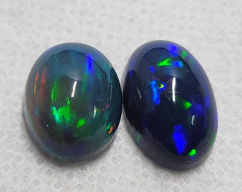 2pcs Ethiopian Black Opal Cabochon, 4.4cts, Oval shape Gemstone Multi Fire Welo Opal Stone For Use Jewelry - October birthstone