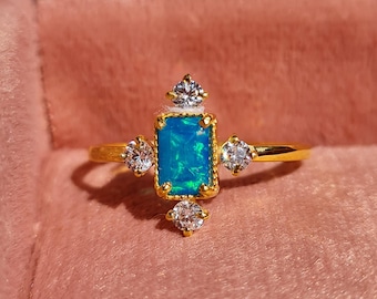 Blue opal dainty ring, Minimalist ring, Anniversary gift, Blue fire opal ring, Handcrafted ring, Gold ring, 925 Sterling silver ring for her