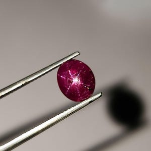 May include: A polished, oval-shaped ruby gemstone, held by silver tweezers. The ruby is a deep red color with a six-ray star effect visible on its surface. The background is a soft, neutral gray.