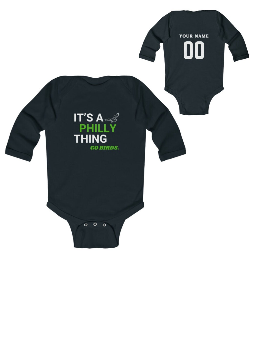 Custom Baby Eagles Long Sleeve Onesie, Kelly Green Onesie, Eagles Long Sleeve Onesie
