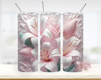 Vaso delgado de 20 oz con pajita y diseño de lirios rosados y blancos en 3D: regalo de lirios para ella, cumpleaños
