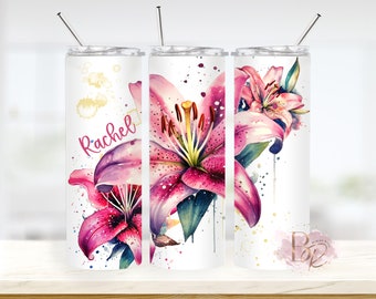 Vaso térmico delgado personalizado Stargazer Lily de 20 oz con pajita: Lirios rosas, regalos para ella, cumpleaños