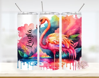 Personlig Flamingo 20oz smal mugg med sugrör: Flamingo-presenter, resemugg