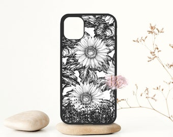Funda para teléfono con diseño de girasoles: iPhone, Samsung, blanco y negro, flores, floral.