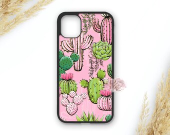 May include: A pink phone case with a pattern of green and pink cacti and succulents.