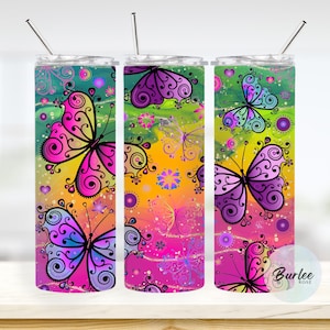 Butterfly 20oz Skinny Tumbler With Straw Butterfly Gifts For Girls Cute Butterfly Tumbler Gift Colorful Tumbler Cup Gift For Her Travel Mug