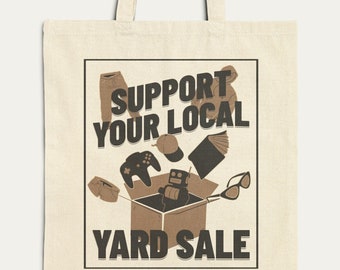 Thrifting Canvas Tote Bag for Garage Sale Lover, Thrifter Gift, Cool Retro Style Sustainable Living Tote Bag, &quot;Support Your Local Yard Sale&quot;
