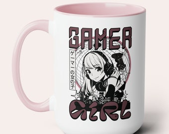 Tazza con accessorio per ragazza gamer, regalo rosa per gamer, regali per videogiocatrici, accessori rosa per videogiochi, tazza da caffè bicolore da 15 once