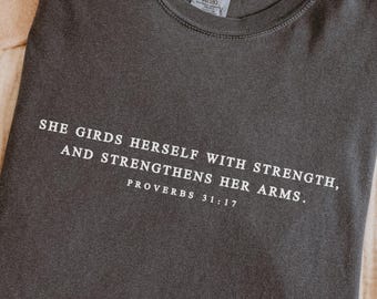 Proverbs 31 Woman Gym Shirt, Comfort Colors Weightlifting Tshirt for Christian Women, Bible Verse Tee for Her Modest Gym Clothes/Pump Cover