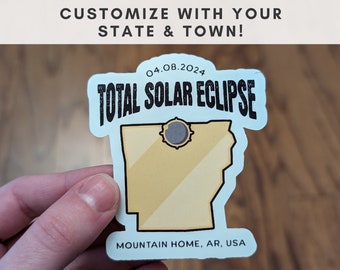 2024 Total Solar Eclipse Sticker with Custom State and Town/City, Path of Totality Decal for Arkansas, Texas, Maine, New York, Ohio, IL, etc