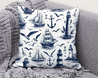 Nautical Throw Pillow Coastal Home Decor Square Navy Blue & White Toile Pillow for Living Room Lighthouse/Ships/Anchors House Decoration