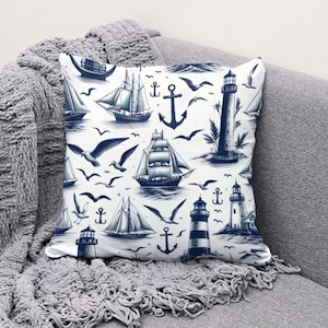 Nautical Throw Pillow Coastal Home Decor Square Navy Blue & White Toile Pillow for Living Room Lighthouse/Ships/Anchors House Decoration