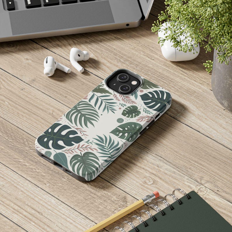 Lommerrijke esthetische telefoonhoes, iPhone/Samsung Tough-telefoonbeschermer, Monstera-bladeren/tropische planten/botanisch groen/Jungle Art, harde kaft afbeelding 10