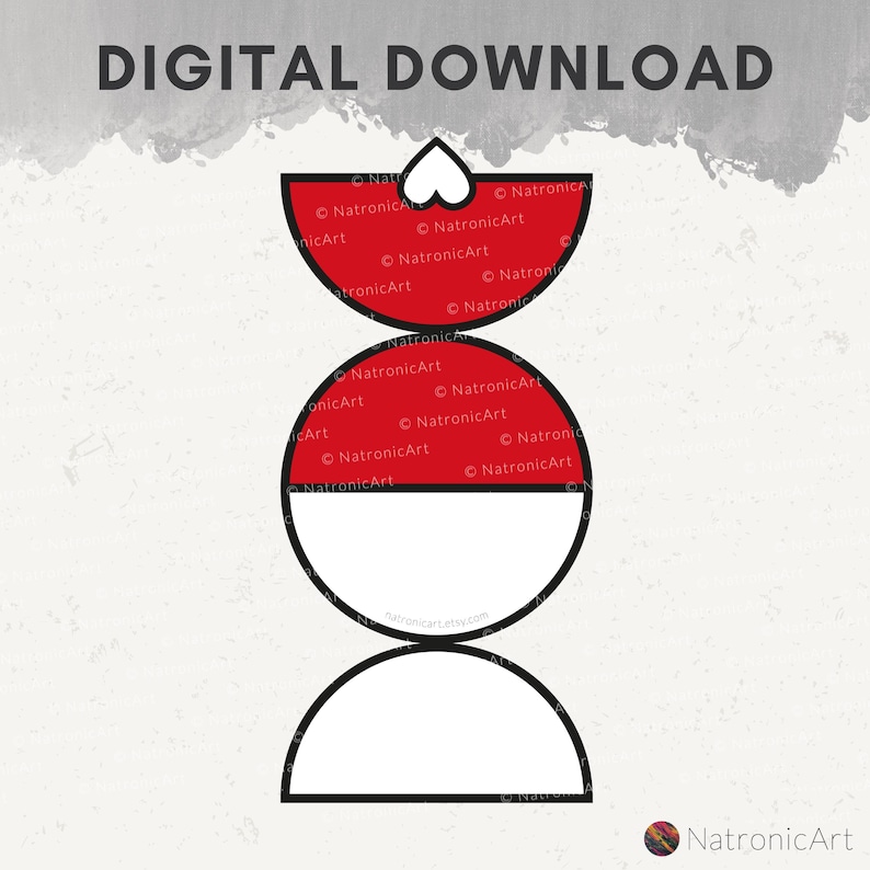 May include: A digital download of a red and white geometric design. The design is made up of three circles, each with a different pattern. The top circle is a half circle with a heart in the center. The middle circle is a full circle with a red and white half-circle pattern. The bottom circle is a half circle with a white background.