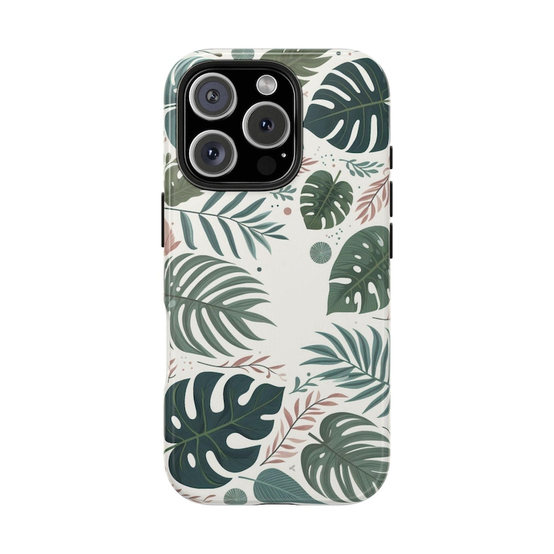 Lommerrijke esthetische telefoonhoes, iPhone/Samsung Tough-telefoonbeschermer, Monstera-bladeren/tropische planten/botanisch groen/Jungle Art, harde kaft afbeelding 2