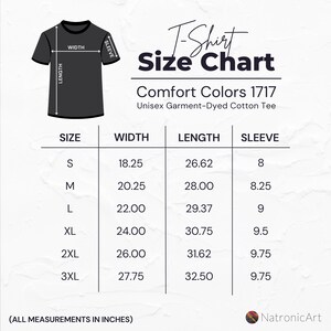 May include: T-shirt size chart for Comfort Colors 1717 unisex garment-dyed cotton tee. The chart shows sizes S through 3XL with measurements in inches for width, length, and sleeve.