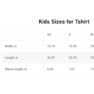 May include: Kids T-shirt size chart showing measurements in inches for width, length, and sleeve length for sizes XS, S, M, L, and XL.