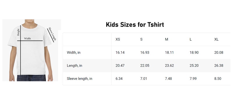May include: Kids T-shirt size chart showing measurements in inches for width, length, and sleeve length for sizes XS, S, M, L, and XL.