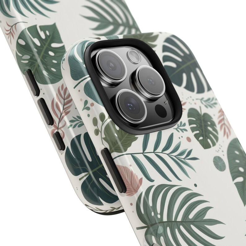 Lommerrijke esthetische telefoonhoes, iPhone/Samsung Tough-telefoonbeschermer, Monstera-bladeren/tropische planten/botanisch groen/Jungle Art, harde kaft afbeelding 3