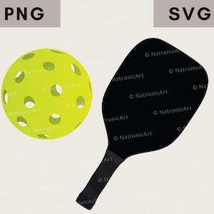 May include: A yellow pickleball with white markings and a black pickleball paddle.