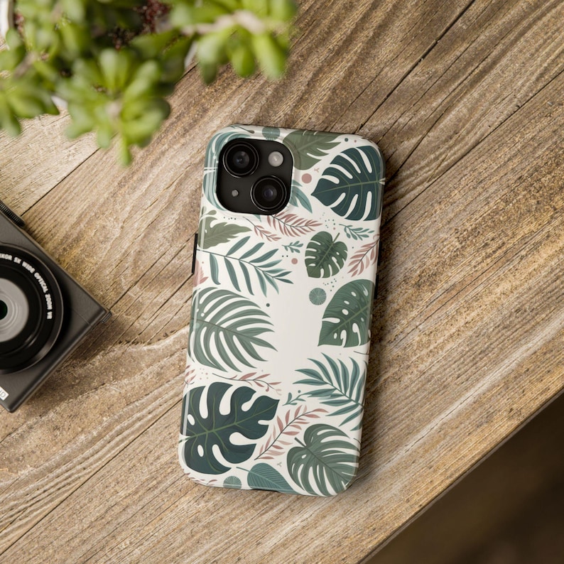 Lommerrijke esthetische telefoonhoes, iPhone/Samsung Tough-telefoonbeschermer, Monstera-bladeren/tropische planten/botanisch groen/Jungle Art, harde kaft afbeelding 5