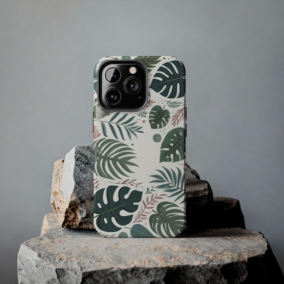 Leafy Aesthetic Phone Case, iPhone/Samsung Tough Phone Protector, Monstera Leaves/Tropical Plants/Botanical Greenery/Jungle Art, Hard Cover