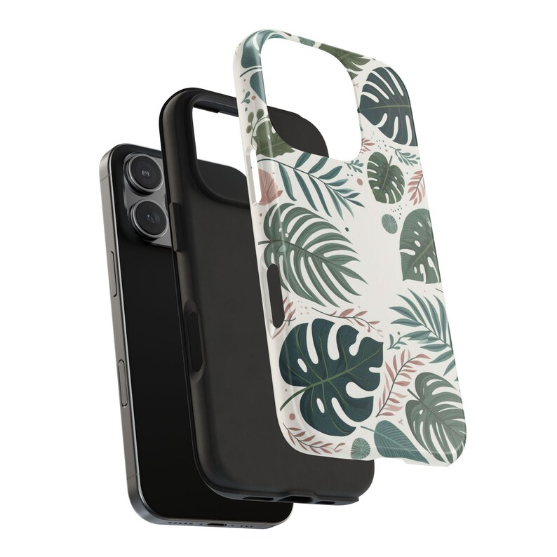 Lommerrijke esthetische telefoonhoes, iPhone/Samsung Tough-telefoonbeschermer, Monstera-bladeren/tropische planten/botanisch groen/Jungle Art, harde kaft afbeelding 4