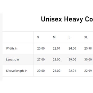 May include: Size chart for a unisex heavy cotton t-shirt. The chart shows the width, length, and sleeve length in inches for sizes S through 5XL.