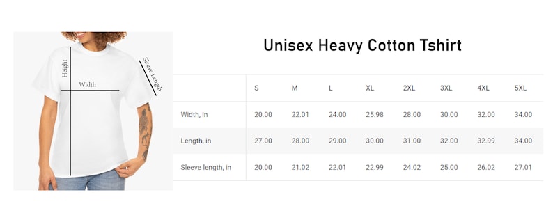 May include: Size chart for a unisex heavy cotton t-shirt. The chart shows the width, length, and sleeve length in inches for sizes S through 5XL.