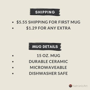 May include: A black and white graphic with the text "SHIPPING" and "MUG DETAILS". The text describes the shipping costs for a mug and the details of the mug, including that it is 15 oz, made of durable ceramic, microwaveable, and dishwasher safe.