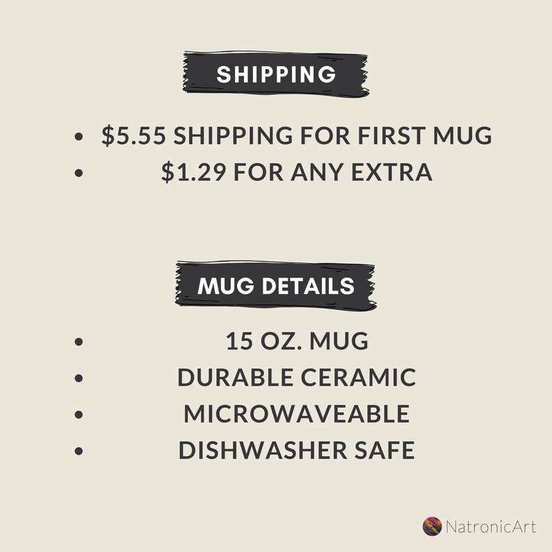 May include: A black and white graphic with the text "SHIPPING" and "MUG DETAILS". The text describes the shipping costs for a mug and the details of the mug, including that it is 15 oz, made of durable ceramic, microwaveable, and dishwasher safe.