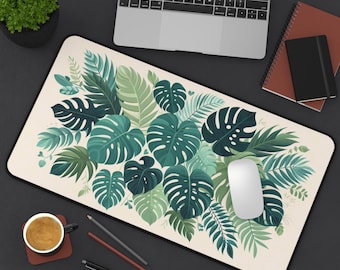 Tapete de escritorio con hojas de monstera, decoración tropical para oficina, alfombrilla botánica para ratón, accesorio de trabajo con hojas verdes, regalo para amantes de las plantas, escritorio estético para oficina.
