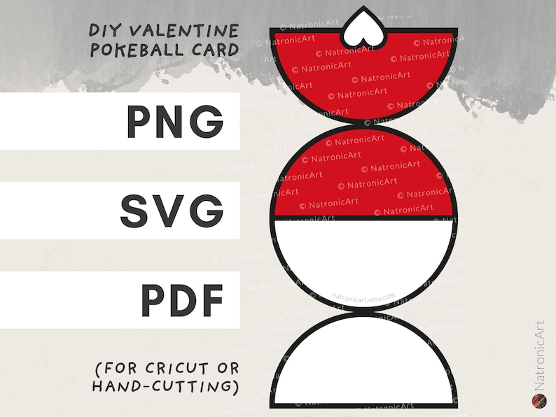 May include: DIY Valentine's Day Pokeball card design in red and white with a heart on top. The design is available in PNG, SVG, and PDF formats for Cricut or hand-cutting.