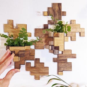 Op de afbeelding: Houten wandplanters met een geometrisch ontwerp. De planters zijn gemaakt van verschillende tinten hout en gevuld met groene planten. Het ontwerp bestaat uit in elkaar grijpende vormen, wat een unieke en moderne uitstraling creëert. Gemonteerd op een witte muur.