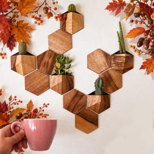 Mini Hexagon Wall Planter Set: Wood & Bioplastic - Geometric Home Decor (5 mini pots + 8 mini wall tiles)