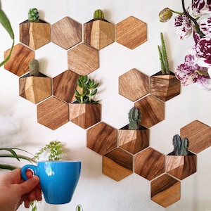 Mini vertikaler Garten. 7 kleine Blumentöpfe + 13 Wandfliesen. Mini sechseckige Pflanzgefäße.  Holz und Bioplastik. Geometrische Mini Blumenübertöpfe.