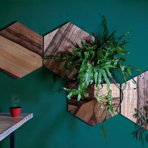 Sechseckiger Wandblumentopf handgefertigt aus Keramik und Holz. Vertikaler Garten fürs Wohnzimmer, Büro oder Wohnzimmer. Einzigartige europäische Kunst an der Wand.