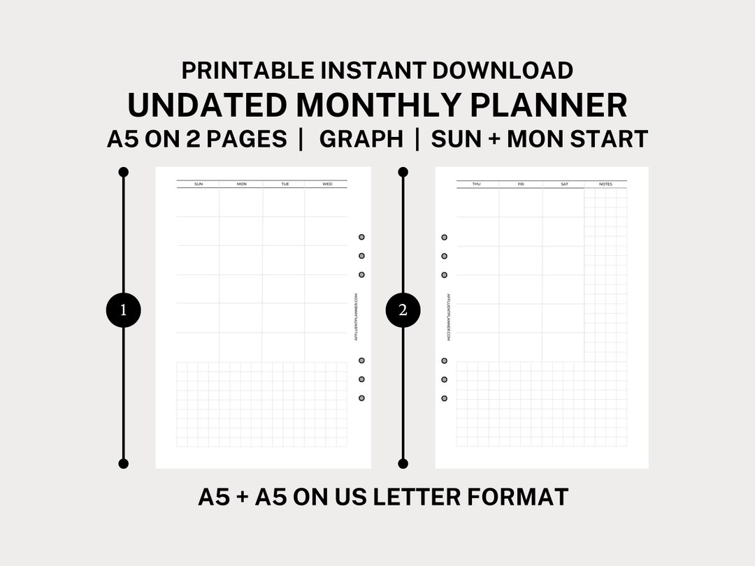 A5 Monthly Planner Inserts for A5 Planner Minimalist Functional Planner